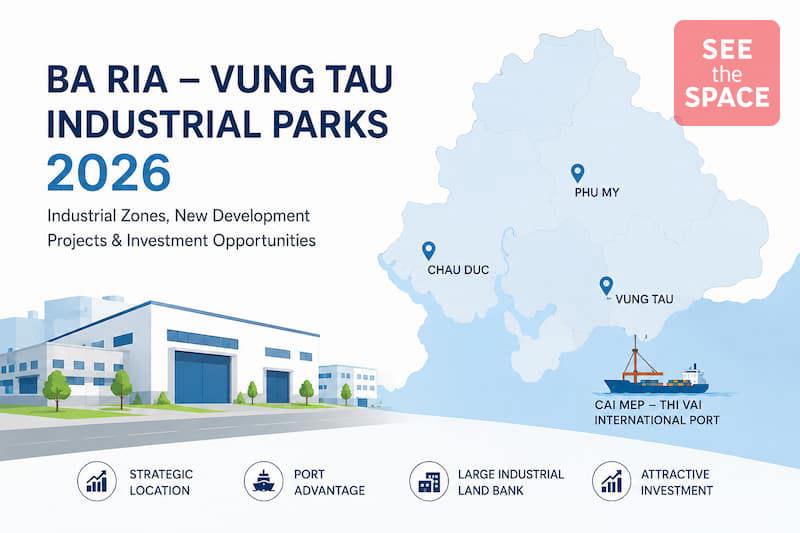 Overview of Ba Ria – Vung Tau Industrial Parks 2026 featuring operating industrial zones, future developments, and the strategic advantages of Cai Mep – Thi Vai Port.