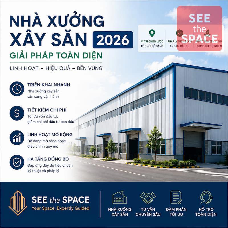Infographic giới thiệu Nhà Xưởng Xây Sẵn 2026 với hình ảnh nhà xưởng hiện đại, các lợi ích nổi bật gồm triển khai nhanh, tiết kiệm chi phí, mở rộng linh hoạt và đạt tiêu chuẩn quốc tế, cùng thương hiệu SEE the SPACE – Your Space, Expertly Guided.