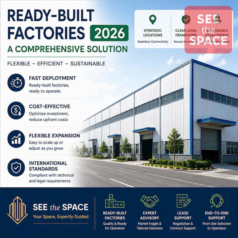Infographic of Ready-Built Factories 2026 featuring a modern industrial warehouse and key benefits including fast deployment, cost efficiency, flexible expansion, and international standards, branded by SEE the SPACE – Your Space, Expertly Guided.