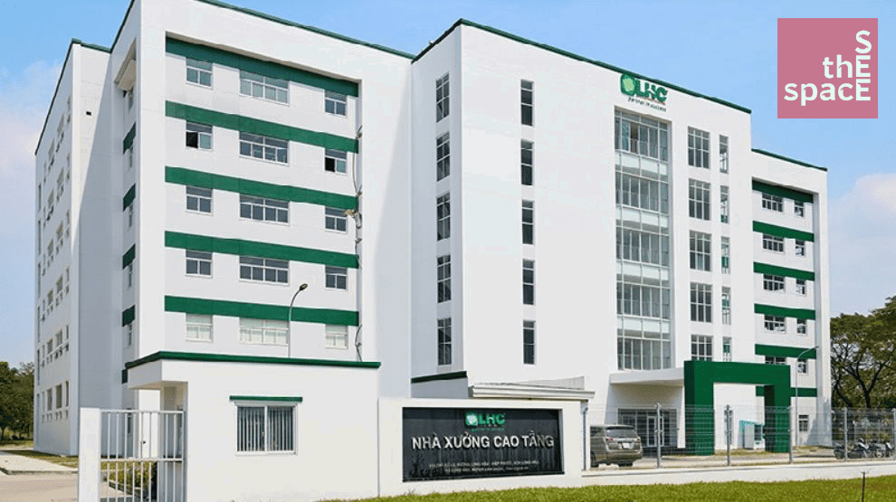 Exterior view of The Long Hau Factory – a contemporary multi-storey high-rise factory building with modern facade, designed for high-density industrial use, located within Long Hau Industrial Park, Long An Province, 