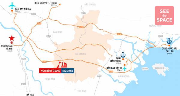 Binh Giang Industrial Park in Hai Phong with strategic connectivity near National Highway 5 and the Hanoi – Hai Phong Expressway, ideal for high-tech manufacturing, logistics, and modern industrial development.
