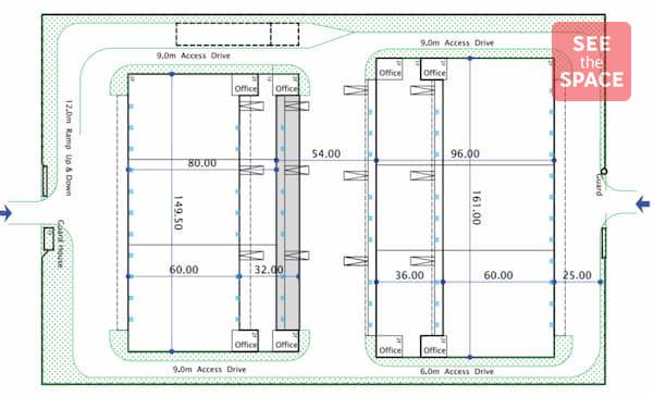 Site plan of SLP Long Hau Warehouse showing two large rectangular warehouse buildings with office areas, internal access roads, truck circulation routes, loading zones, and site dimensions within a landscaped industrial logistics park.