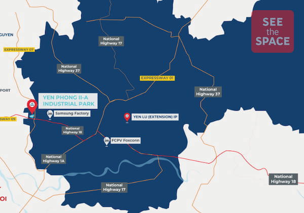 Strategic Location – Tam Giang Commune, Yen Phong District Yen Phong 2A Industrial Park sits along the most active industrial corridor in Northern Vietnam, providing excellent access to Hanoi, seaports, airports, and major highways.